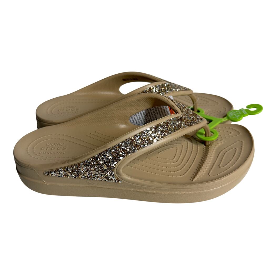 NWT Crocs Women Sloane Glitter Flip Flops Tan/Gold Shimmer comfy platform size 9 - Picture 8 of 14
